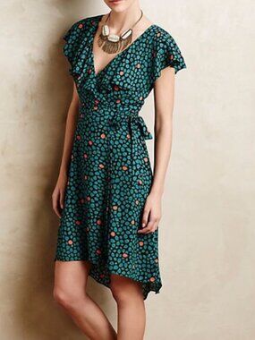 Anthropologie HD in Paris Faux Wrap Teal Black Patterned Dress 4